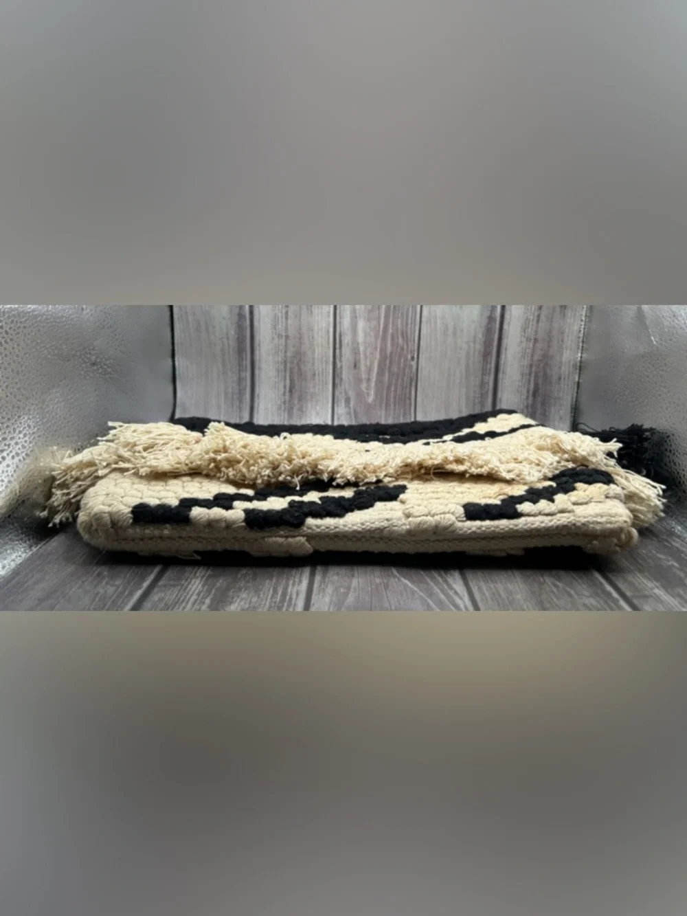 MANGO Boho Embroidered Clutch Bag Woven Cotton Macrame Fringe Black Off White - Picture 7 of 13